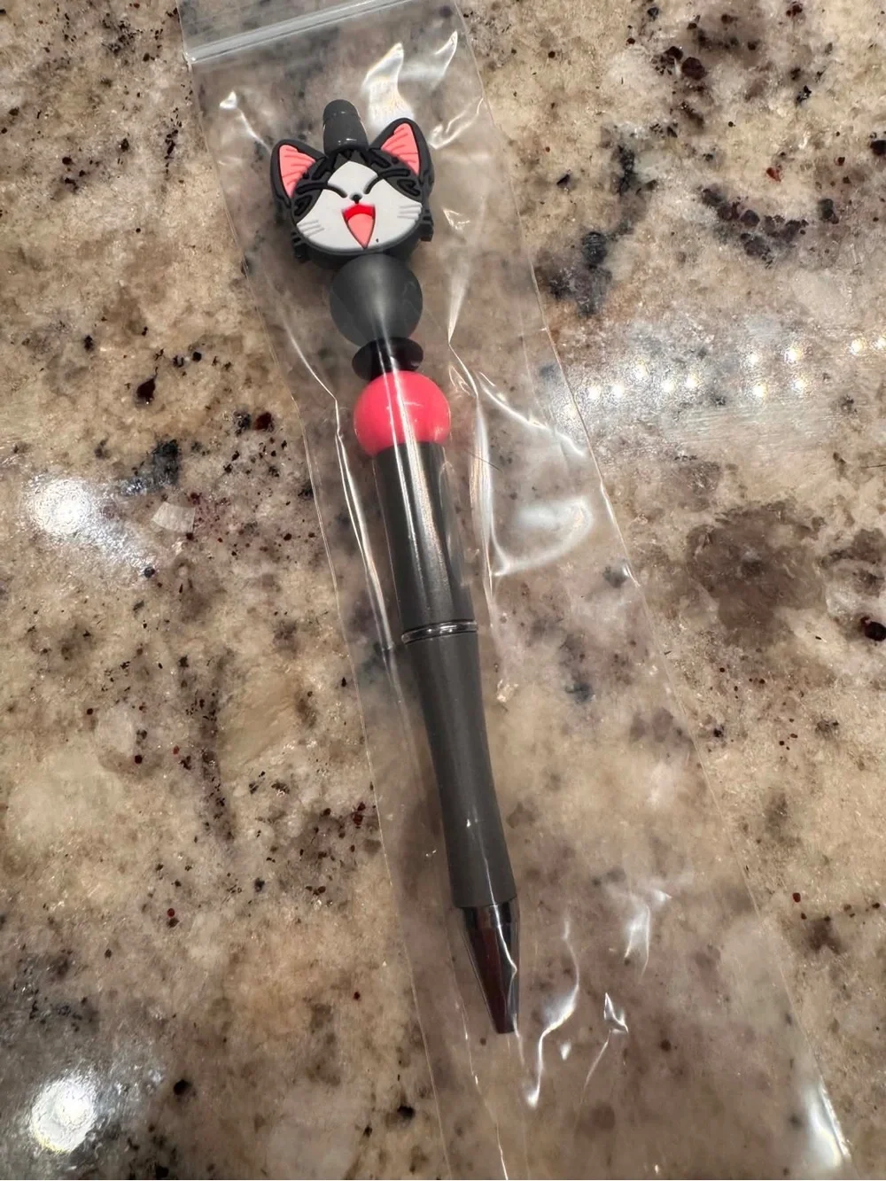 Hand Crafted Gray Cat Head Ballpoint Pen with Pink Accent